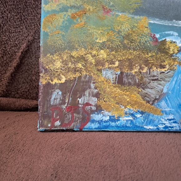 Bob Ross Inspired Fall Season Waterfall Pink Sunrise Oil Canvas Hand Painted - Picture 2 of 5